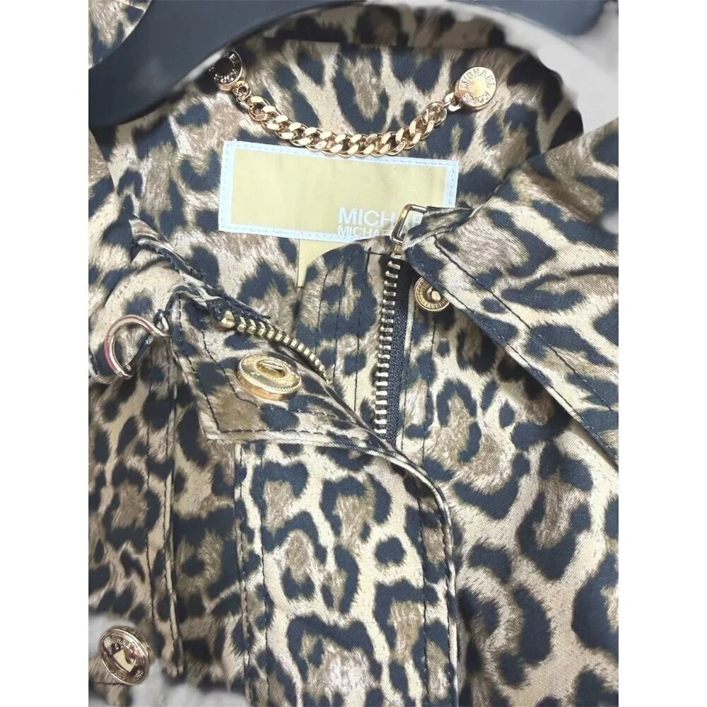 Michael Kors Womens Brown Leopard Zip Water Resistant Mid Trench Coat Sz L New